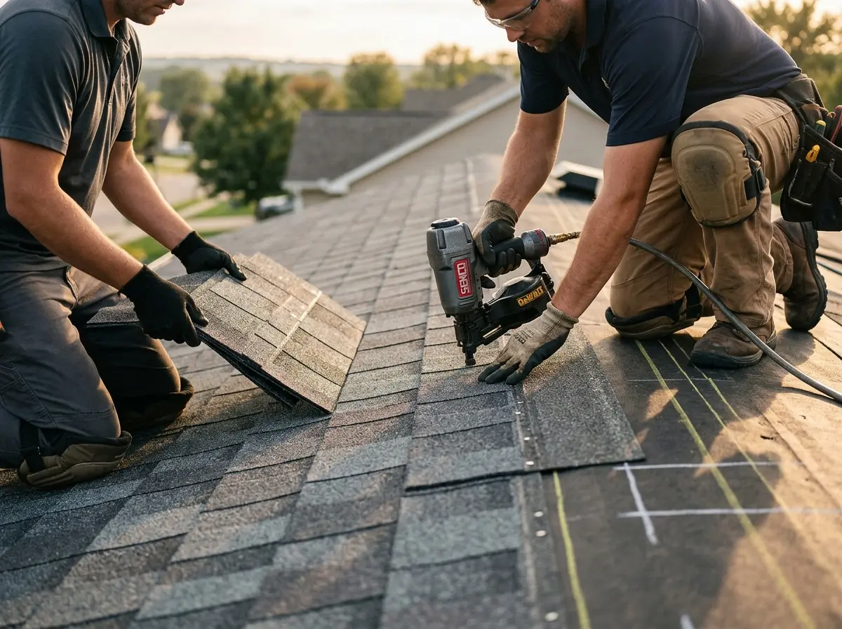 Professional roofer working on a residential roof in Huntingdon